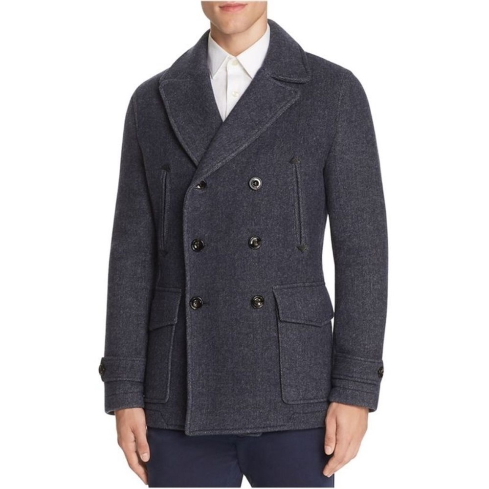 Hardy Amies Mens Textured Pea Coat, Navy Blue Size Small Made in England